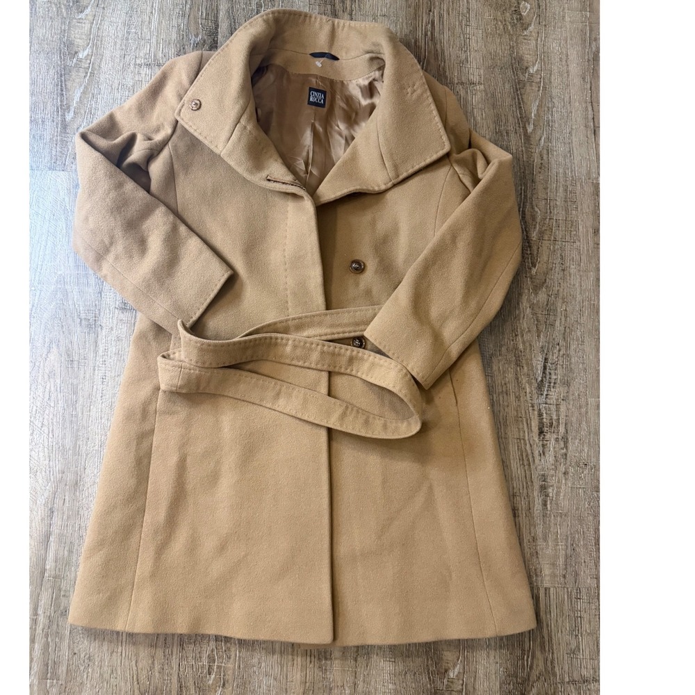 Cinzia Rocca Camel Wool Blend Belted Wrap Coat Italian Double Breasted Tan